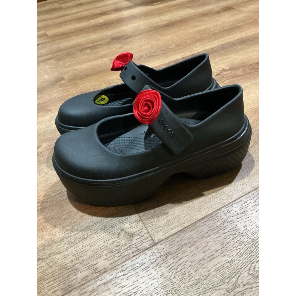 Crocs Stomp Rosette Mary Jane Platform Shoes Black Red Rose Womens 9 Mens 7